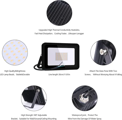 Vista 4 de MIHEAL Paquete de 2 luces LED de 110 V de 50 W, blanco cálido 3000 K, IP67 impermeable, luces de seguridad superbrillantes, reflector al aire libre