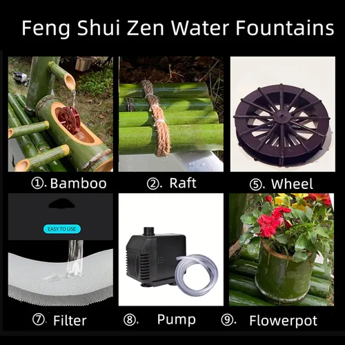 Vista 6 de Fuente de agua de bambú, fuente de jardín al aire libre, dirección de flujo de agua múltiple, sistema de circulación de agua, para estanque