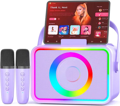 Vista 8 de Máquina de karaoke, altavoz Bluetooth portátil con 2 micrófonos inalámbricos para adultos y niños con luces LED, micrófono de karaoke con sistema PA