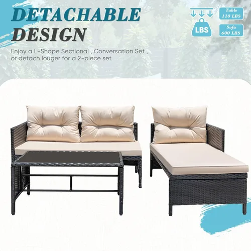 Vista 5 de Greesum - Juego de muebles de patio de 3 piezas, sofá seccional de ratán y mimbre para exteriores con cojines y mesa de centro para jardín, terraza