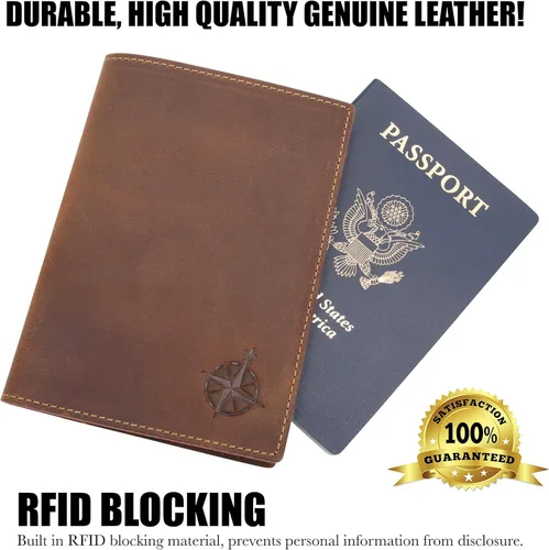 Vista 4 de Cartera de viaje de cuero con soporte para pasaporte funda de cuero genuino con bloqueo RFID para hombres y mujeres cartera de pasaporte cartera