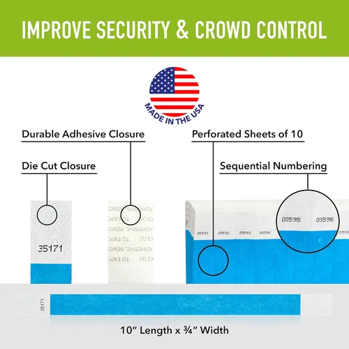 Vista 2 de WristCo - Pulseras de Tyvek color azul neón para eventos, cómodas pulseras de papel resistentes a desgarros para identificación en conciertos