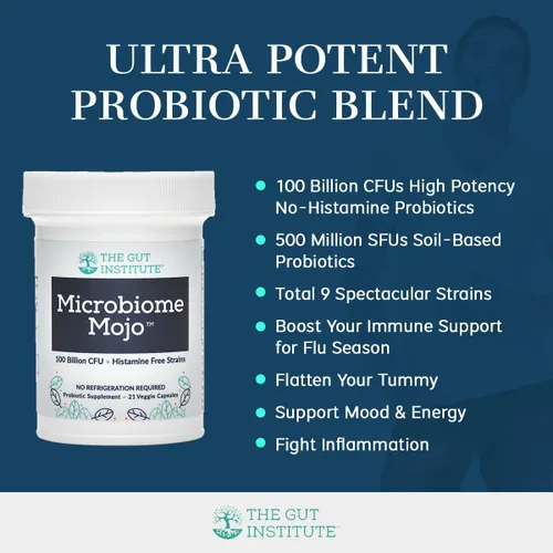 Vista 4 de Microbiome Mojo - Probióticos 2 en 1 de alta potencia, 100 mil millones de UFC más 500 millones de probióticos viables a base de suelo por cápsula