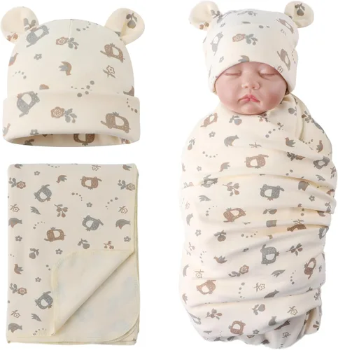 Vista 11 de PESAAT Conjunto de gorro de algodón para bebé, sombreros para recién nacidos, mantas de recepción para bebés niños y niñas