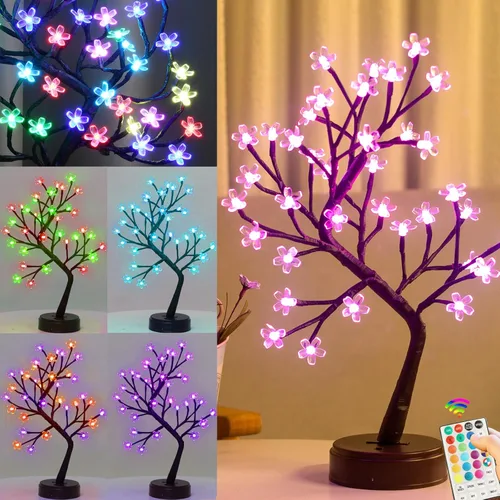 Pooqla Luz de árbol de flor de cerezo RGB con control remoto, 28 colores LED, árbol bonsái de flores artificiales, lámpara de mesa RGB para el