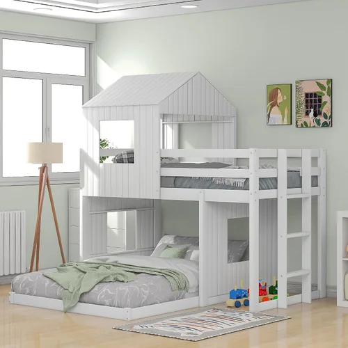 Merax Litera de madera individual sobre matrimonial, marco de cama tipo loft con casa de juegos, granja, escalera y barandillas para niños, niños y