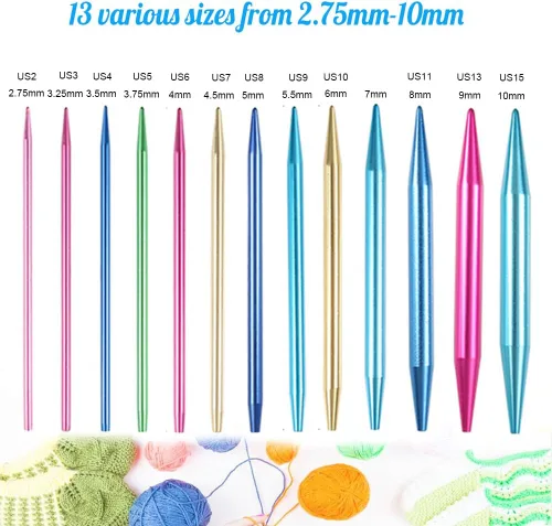 Vista 2 de Weabetfu Juego de 60 piezas de agujas circulares intercambiables para tejer con estuche, 13 pares de agujas circulares de aluminio para tejer hechas