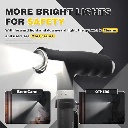 Vista 2 de Bastón para caminar BeneCane para mujeres, bastón plegable para hombres con dos luces LED, bastón cuádruple con base estable, bastón de caminar