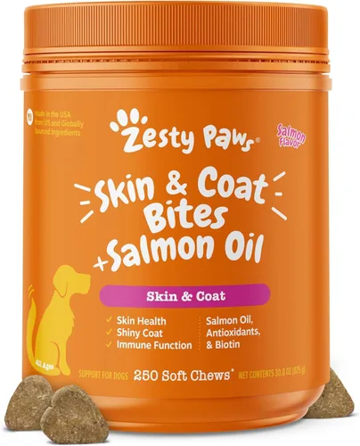 Zesty Paws Aceite de salmón para la piel y el pelaje de perros, masticables de aceite de pescado Omega 3, masticables para aliviar la alergia del
