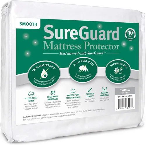 Vista 17 de SureGuard - Protector de colchón tamaño individual, 100% impermeable, hipoalergénico, funda de algodón ajustable de alta calidad, suave