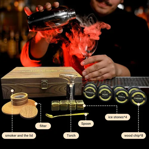 Vista 2 de Kit de ahumador de cóctel con troch y caja de madera de lujo y chips de madera de 8 sabores, regalos de whisky y bourbon para hombres, kit