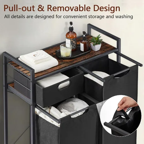 Vista 2 de Zevemomo Cesta de lavandería grande rústica marrón y negro con ruedas, 3 compartimentos, capacidad de 60 L, montaje en el suelo, lavadero y baño