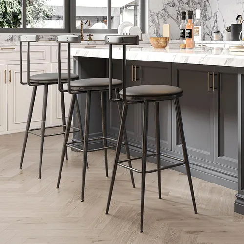 Vista 6 de Taburetes de bar, juego de 2 taburetes de cocina altos, sillas de bar con respaldo y reposapiés, taburetes industriales con asiento suave de PU