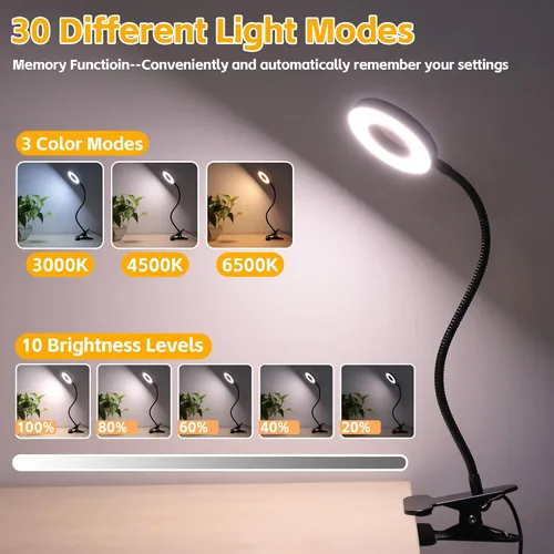 Vista 6 de Foneso Lámpara de escritorio con clip con adaptador, lámpara de lectura de 48 LED con puerto de carga USB, 3 modos de color, 10 niveles de brillo