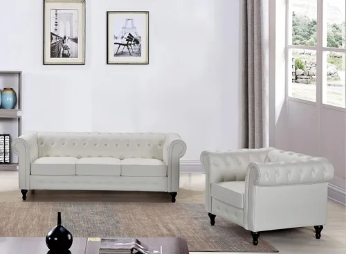 Vista 17 de Teressa Sofá biplaza Chesterfield de terciopelo para sala de estar, apartamento u oficina, sofá moderno de dos plazas de mediados de siglo