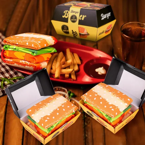 Vista 4 de AGRIMONY Divertida caja de calcetines de hamburguesa de comida Calcetines divertidos de comida para cumpleaños, regalos de Navidad para hombres