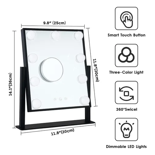 Vista 7 de Espejo de maquillaje iluminado Hollywood, espejo de tocador con luces, diseño de control táctil de 3 colores, bombillas LED regulables, aumento Negro