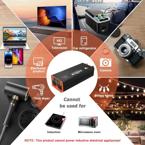 Vista 5 de Inversor de corriente para vehículo, inversor de automóvil de 2000 vatios, inversor de onda sinusoidal modificada de 12 V a 110 V con 2 salidas