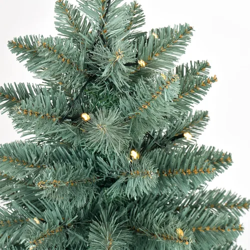 Vista 3 de Árbol de Navidad artificial preiluminado de 3 pies, funciona con pilas, árbol de Navidad de escritorio con 50 LED, 160 puntas de rama, mini Azul-gris