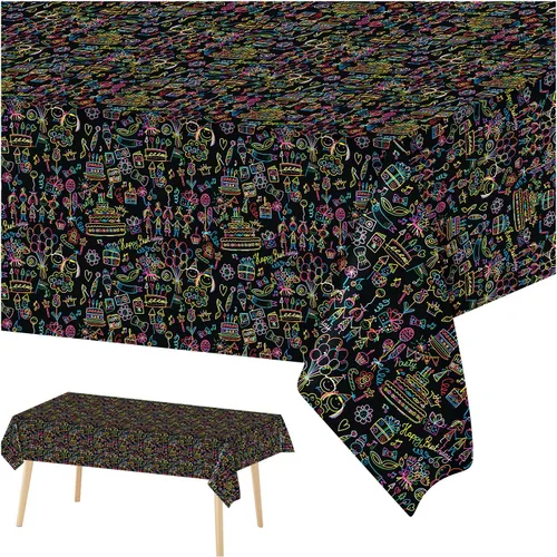 Happy Birthday Neon Party Table Cover Suministros Decoración Plástico Desechable 108X54 Pulgadas