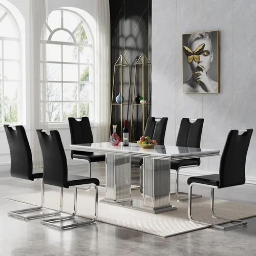 Vista 26 de 5 Piece Black Marble Dining Table Set for 4, Modern Faux Marble Kitchen Dining Room Tables with 4 Leather Chairs Set, 68.11" Luxury Rectangular