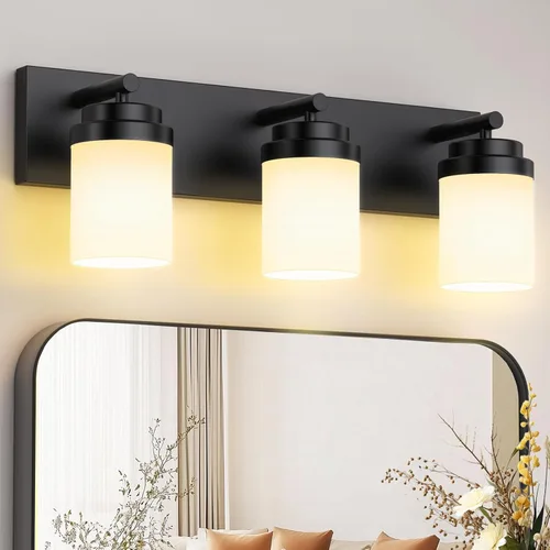 Vista 34 de IZORRO Lámpara de tocador de baño, 3 luces de 22 pulgadas de níquel cepillado sobre espejo, con pantalla de vidrio blanco, luces modernas de tocador