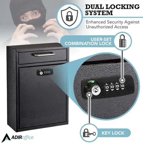 Vista 4 de AdirOffice Buzón de montaje en pared – Buzón combinado con llaves – Buzón de correo duradero montado en la pared y buzón de efectivo para depósitos