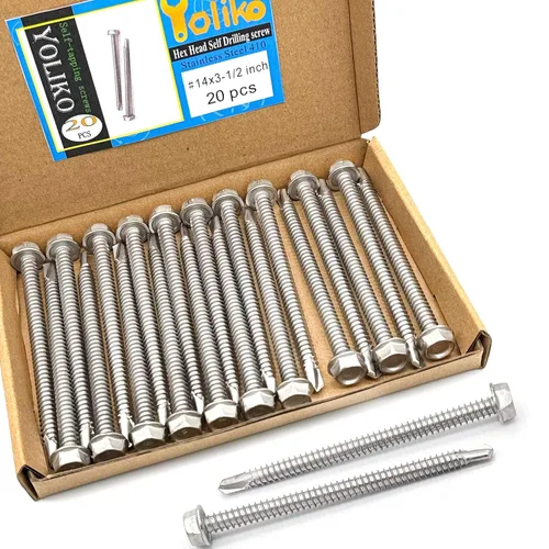 Vista 11 de Tornillos autoperforantes de cabeza hexagonal de arandela #14 x4 (1" a 4-7/8" disponibles), acero inoxidable 410, tornillos Tek de chapa