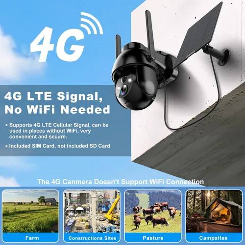 Vista 2 de Cámara de seguridad celular 4G LTE, cámara de seguridad sin WiFi con tarjeta SIM integrada, cámaras de seguridad solares inalámbricas