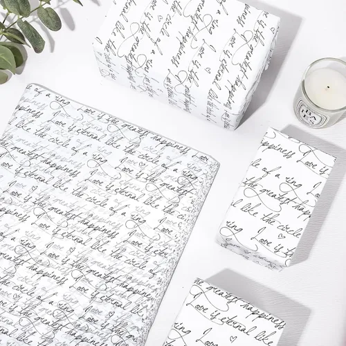 Vista 3 de Whaline 100 hojas de papel de seda blanco y negro para regalo de palabras románticas, papel de embalaje de regalo, papel de manualidades para bodas