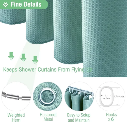 Vista 828 de Cortina de ducha de tela Dynamene verde oscuro - Cortinas de baño de tela de nido de abeja texturizadas resistentes, juego de cortinas de baño