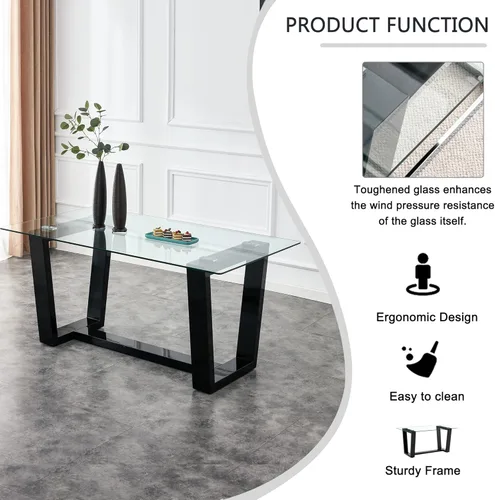 Vista 3 de Ebullient Mesa de comedor de cristal, mesa de comedor moderna, mesa de vidrio templado de 63 pulgadas con patas trapezoidales de MDF negras, mesa