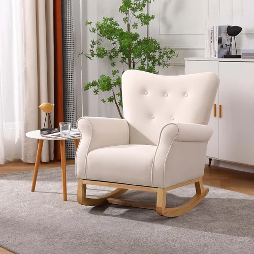 Mecedora moderna, mecedora tapizada, cómoda mecedora con respaldo de ala, base segura de madera maciza para guardería, sala de juegos, dormitorio y