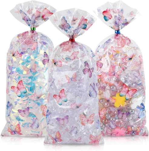 Vista 26 de 100 bolsas de celofán, bolsas de celofán transparente impresas con estrellas doradas de 3 x 5 pulgadas, 100 lazos giratorios, para envolver regalos