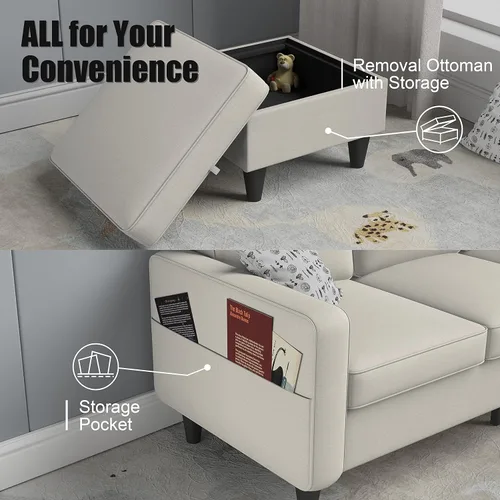 Vista 8 de Sofá seccional convertible beige en forma de L, moderno sofá de 3 asientos de tela de lino con otomana de almacenamiento para sala de estar, espacio