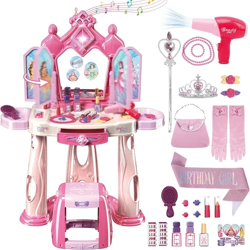 deAO Juego de mesa y silla para niños con luces y música, puertas abiertas por gestos, banda de princesa, corona, guantes, juguete de secador de