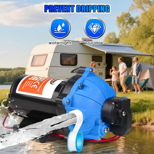 Vista 4 de [Versión mejorada] Bomba de agua dulce de 12V CC para RV, 7GPM 70PSI, bomba de diafragma autocebante de cinco cámaras con interruptor de presión