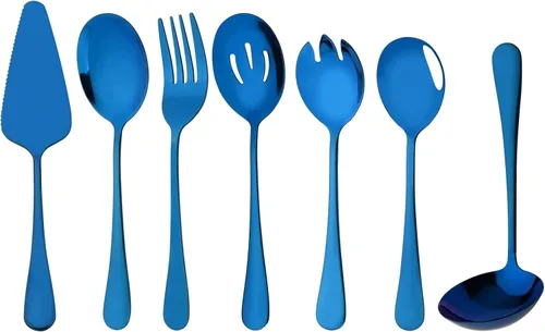 Juego de 8 utensilios azules para servir, juego de cubiertos de acero inoxidable, incluye servidor de pasteles, cuchara ranurada, cuchara para