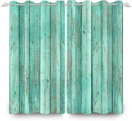 Vista 5 de Cortinas opacas rústicas para puerta de granero, color azul y verde, tablones de madera antigua, granja, campo, vida rural, sala de estar