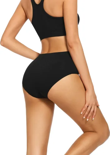 Vista 2 de POKARLA - Ropa interior elástica de algodón para mujer, pantaletas de cintura media alta, paquete de 5 Negro