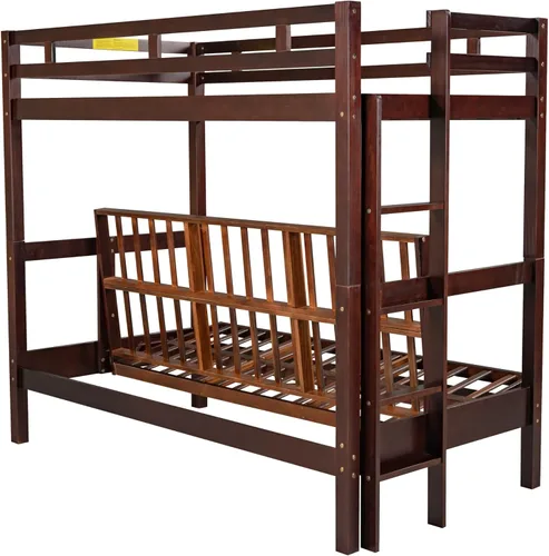 Vista 24 de Elegante litera individual sobre matrimonial con escaleras y barandillas de seguridad, la cama de plumón se puede convertir en sofá cama