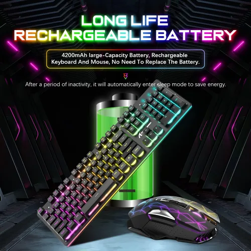 Vista 3 de Combo de teclado y mouse inalámbricos para juegos, receptor dual tipo C/USB 2.4G, retroiluminación RGB Chroma de tamaño completo, recargable 4200