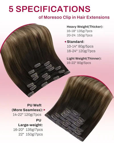 Vista 9 de Moresoo Extensiones de cabello humano con clip, balayage, color marrón oscuro a marrón dorado con clip, extensiones de cabello humano con clip, 5