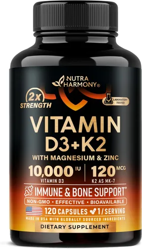 Vitamina D3 K2 – Vitamina D3 10000 iu y K2 como MK-7 120 mcg – Apoyo inmunológico y del estado de ánimo, para la salud de huesos y dientes – con