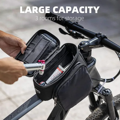 Vista 3 de ROCKBROS Soporte para teléfono de bicicleta con bolsas laterales (hasta 2 L), bolsa de marco de bicicleta, bolsa de montaje para teléfono