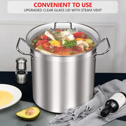 Vista 3 de Olla grande de 20 cuartos de galón, olla de sopa de grado comercial con tapa, olla de cocina de acero inoxidable sin níquel, ollas pulidas