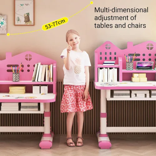 Vista 3 de Juego de escritorio y silla para niños, altura ajustable, tablero de castillo, escritorio para niñas con soporte para libros y cajón