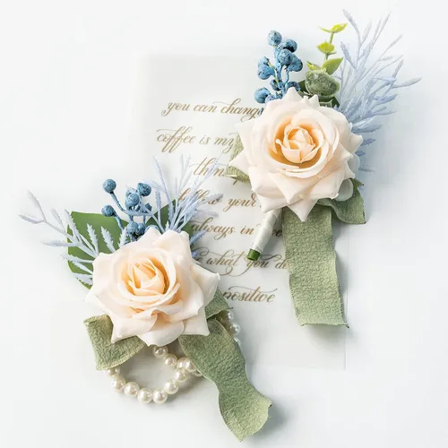 Vista 9 de Juego de muñequeras y ramillete de muñeca rosa rubor para boda, dama de honor, madre, abuela, para despedida de soltera, boda, rosas artificiales
