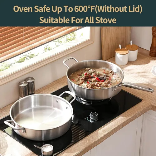 Vista 5 de Yeksum Sartén para saltear con tapa, sartén de acero inoxidable de tres capas de 5 cuartos de galón, sartén profunda de 12 pulgadas con tapa, sartén