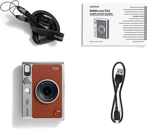 Vista 5 de Fujifilm Mini EVO Hybrid Camera (marrón) Paquete de cámara instantánea con 40 hojas de película instantánea + tarjeta de memoria microSD de 32 GB +